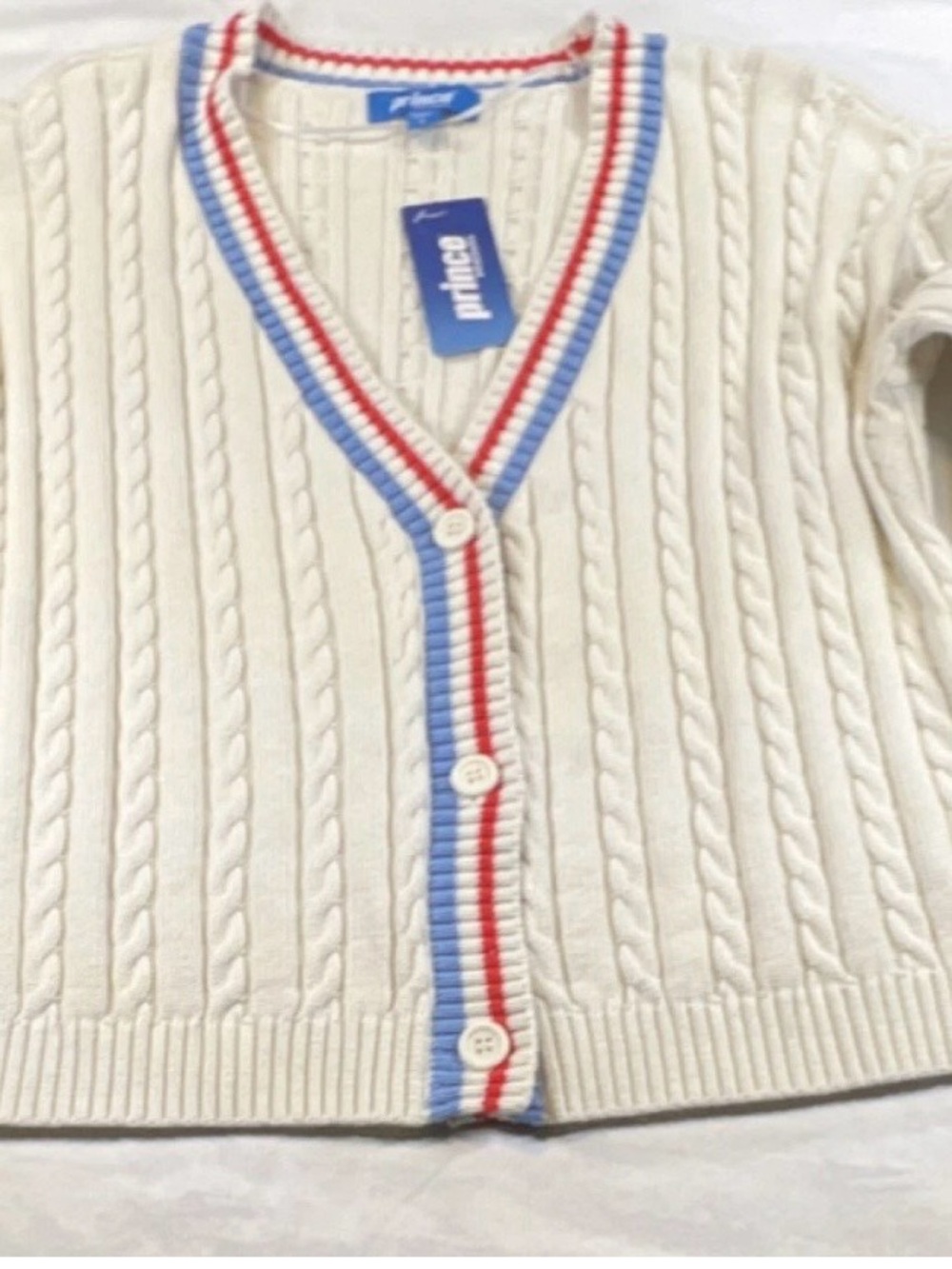 Pickle Ball Prince Cream Cable Knit Cardigan with Red & Blue Trim